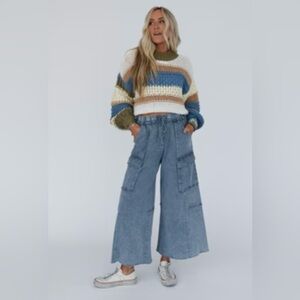 Three Bird Nest Game On Cargo Wide Leg Pants, Size Medium, Faded Navy